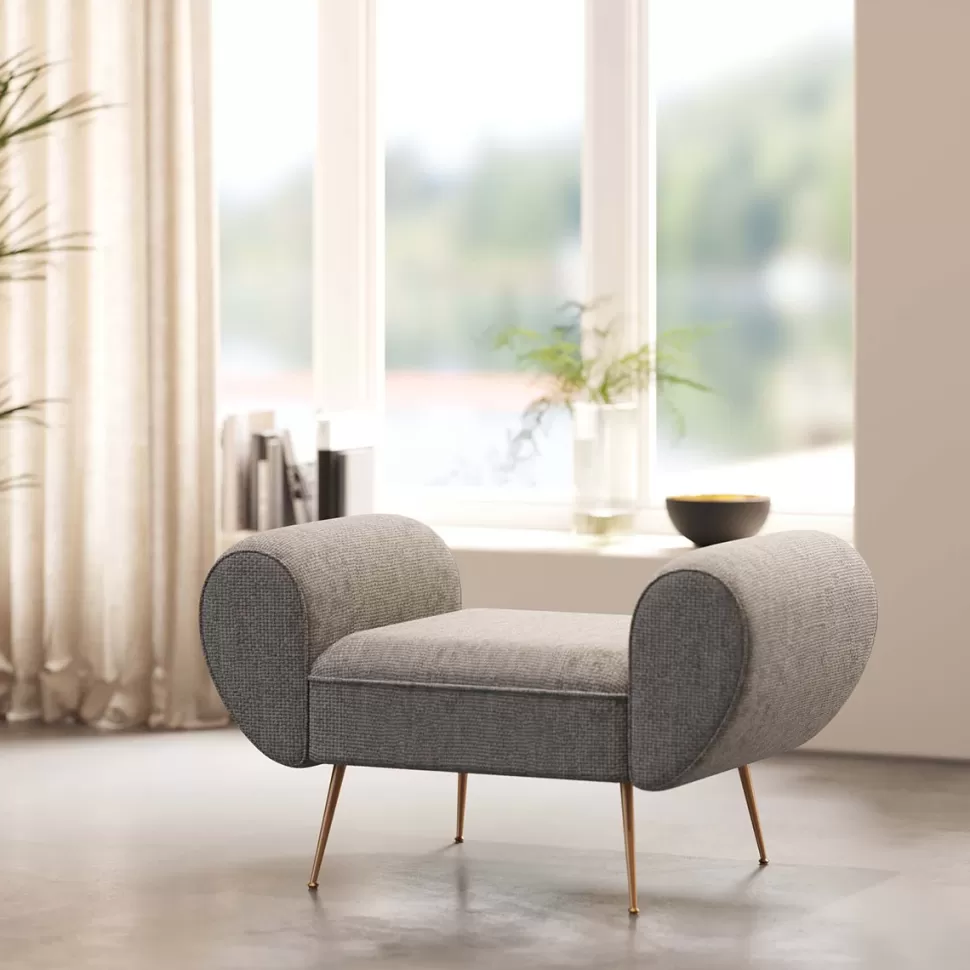 Ławki-KARE Design Ławka Do Przedpokoju Szara Tapicerowana Nogi Złote 100 Cm