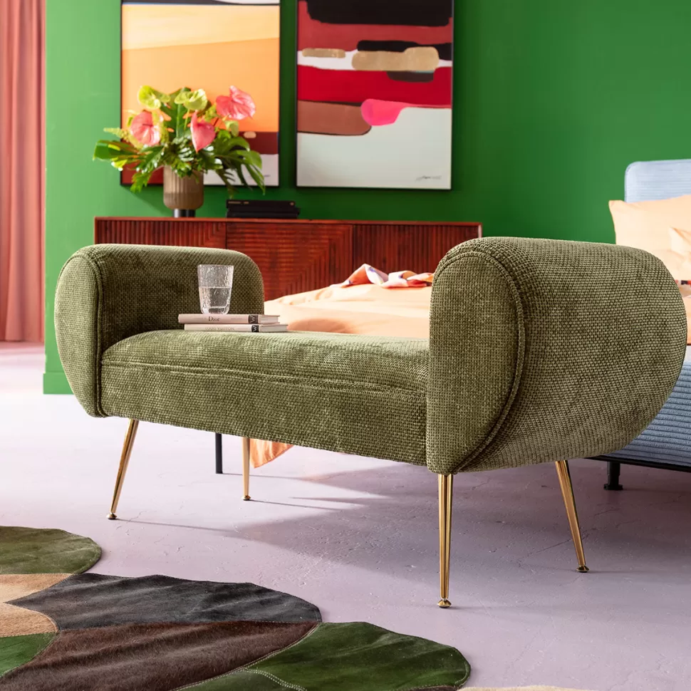 Ławki-KARE Design Ławka Do Przedpokoju Zielona Tapicerowana Nogi Złote 140 Cm