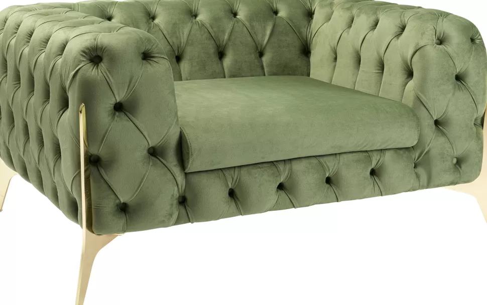 Fotele-KARE Design Fotel Welurowy Pikowany Zielony Glamour Nogi Złote 120x70 Cm
