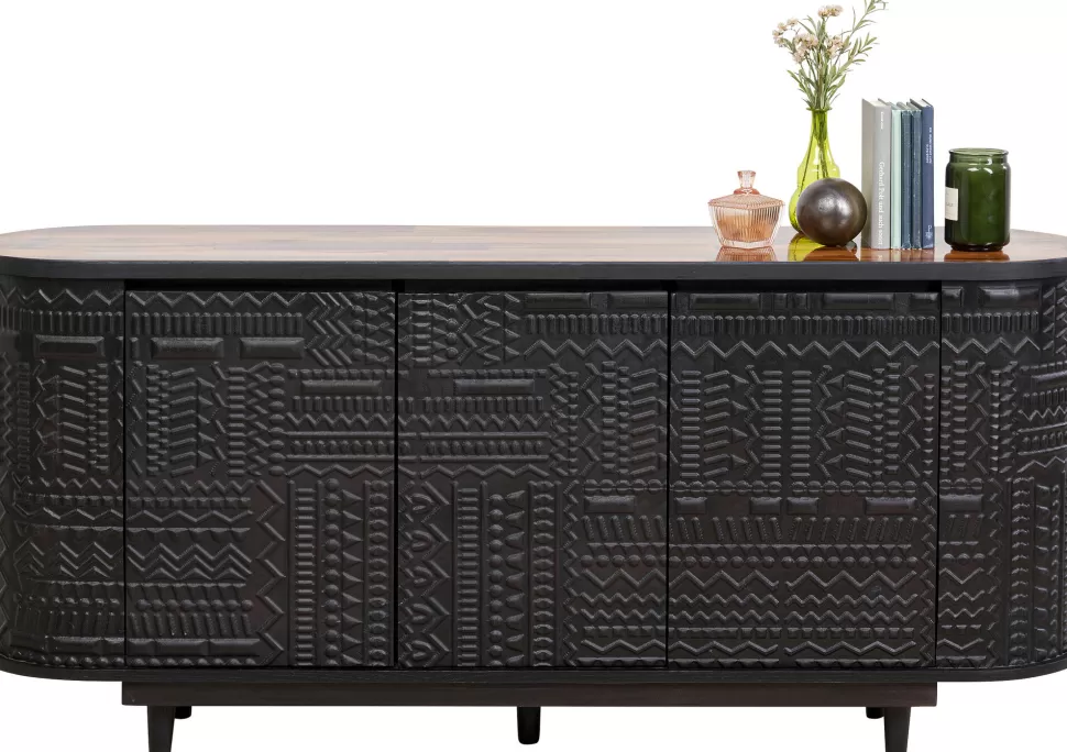 Komody-KARE Design Komoda 3-drzwiowa Boho Drewno Mango Czarne Blat Naturalny 160x75 Cm