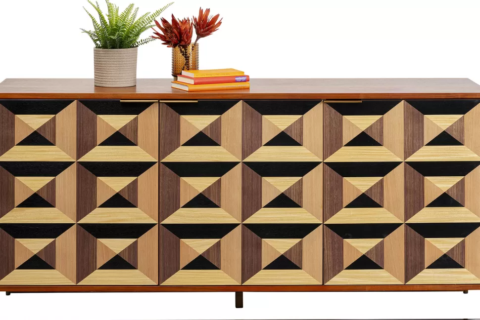 Komody-KARE Design Komoda 3-drzwiowa Fornir Orzechowy Nogi Złote Stalowe 160x78 Cm Front Efekt 3D