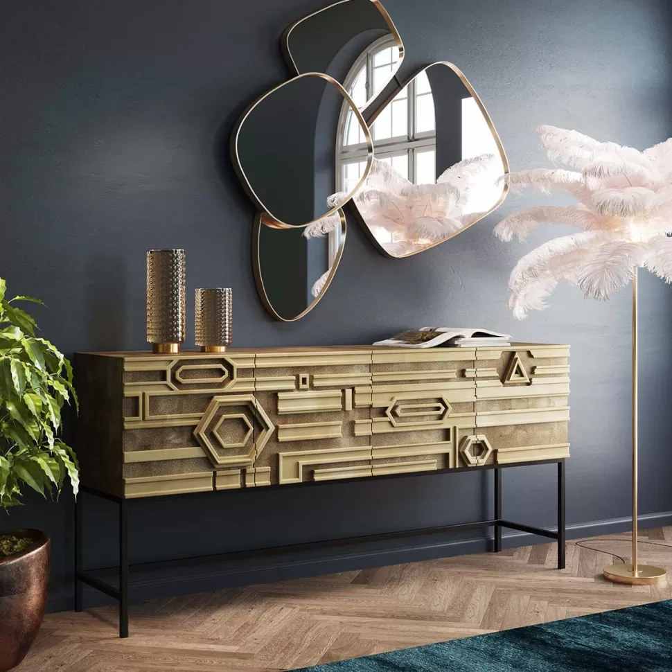 Komody-KARE Design Komoda 4-drzwiowa Złota Ręcznie Kuta Stal Mosiężna 183x86 Cm