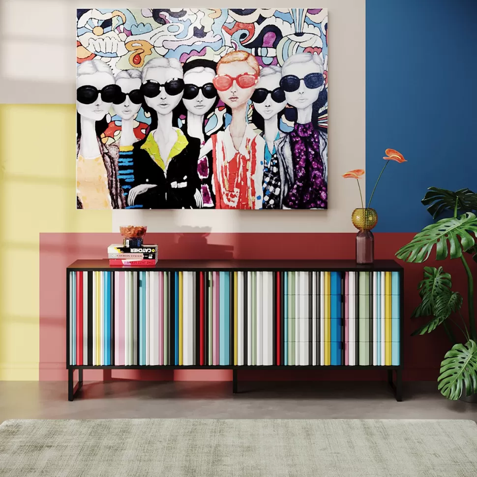 Komody-KARE Design Komoda Kolorowa Z Szufladami I Drzwiami MDF 186 Cm Podstawa Czarna Stalowa