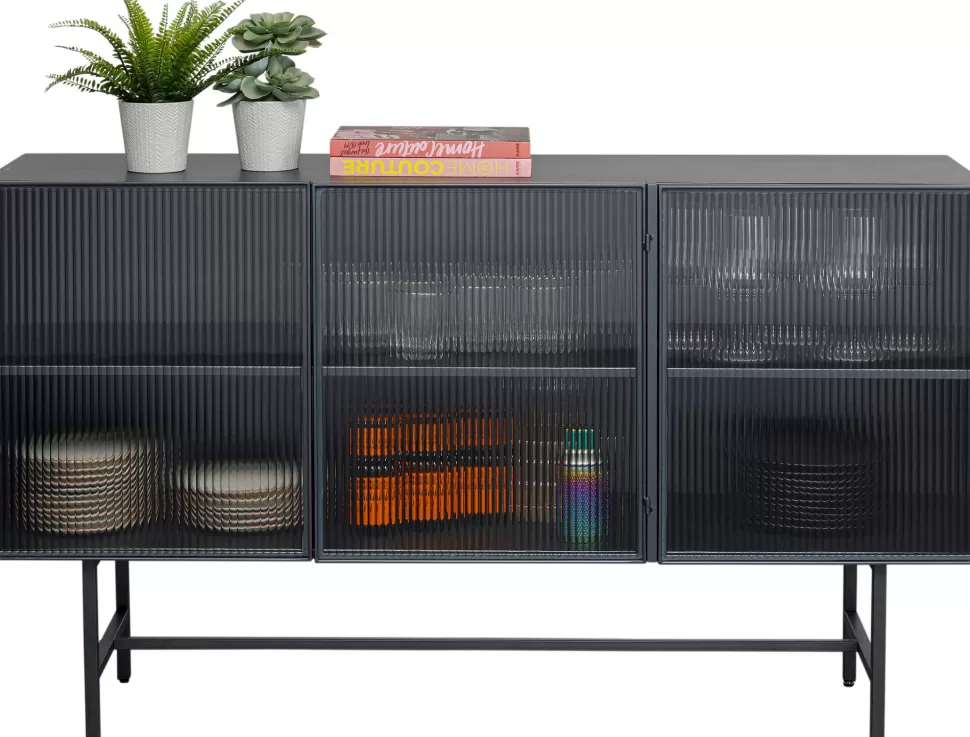 Komody-KARE Design Komoda Loft Czarna Stalowa Front Szkło Ryflowane 150x90 Cm