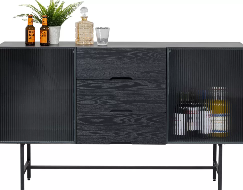 Komody-KARE Design Komoda Loft Z 3 Szufladami Czarna Stalowa Front Szkło Ryflowane I MDF 150x90 Cm