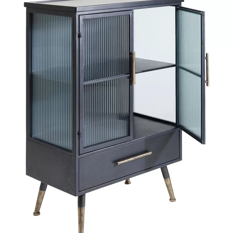 Komody-KARE Design Komoda Metalowa Czarna Grafitowa Z Przeszklonymi Frontami Złotymi Uchwytami Metalowymi Nogami 65x38 Cm