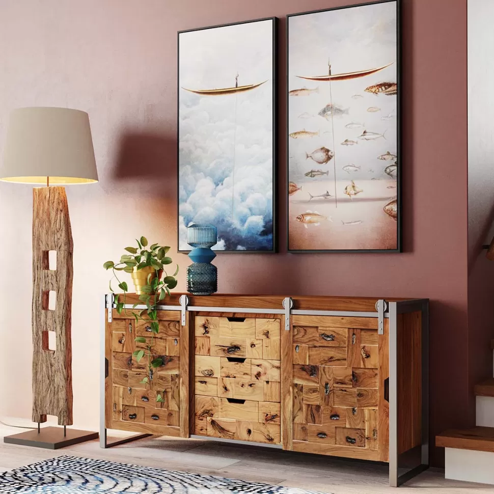 Komody-KARE Design Komoda Z 3 Szufladami I Drzwiami Przesuwnymi Drewno Akacjowe Nogi Stalowe 160x78 Cm