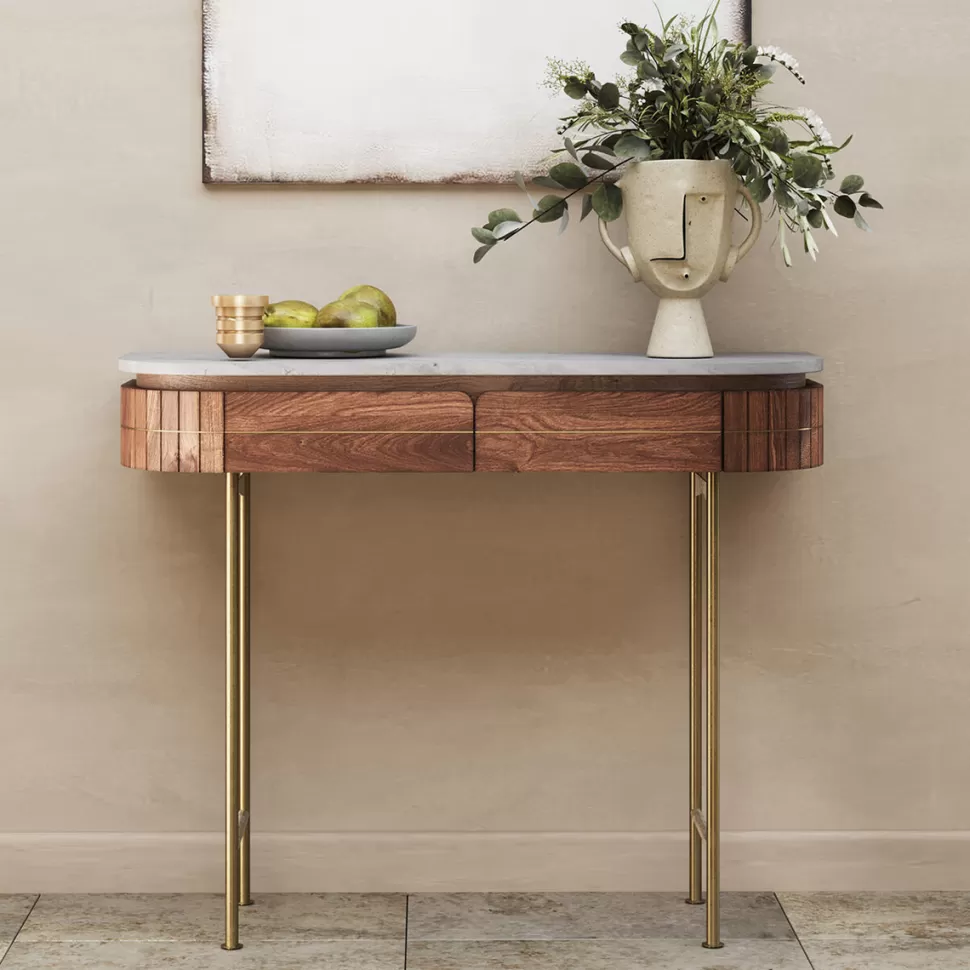 Konsole I Toaletki-KARE Design Konsola Grace 100x30 Cm Drewno Mango - Blat Marmur