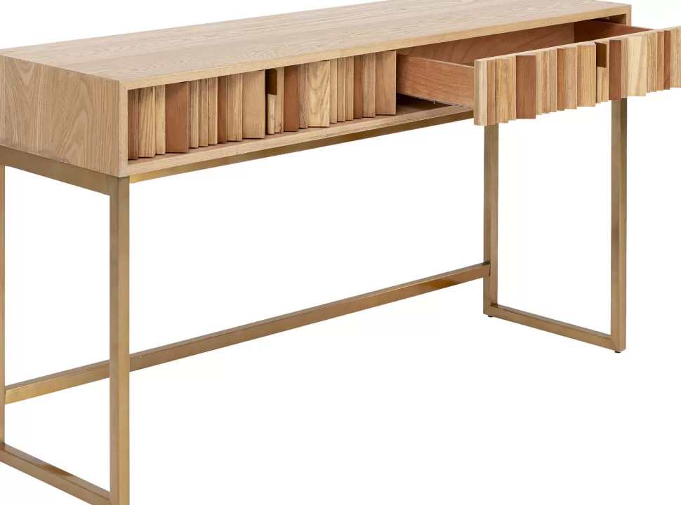 Konsole I Toaletki-KARE Design Konsola Z Szufladami MDF Naturalna 136x40 Cm Front Sklejka Jesionowa