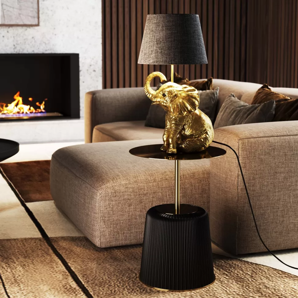 Lampy Stołowe-KARE Design Lampa Stołowa Glamour Złoty Słonik Abażur Czarny 27x48 Cm