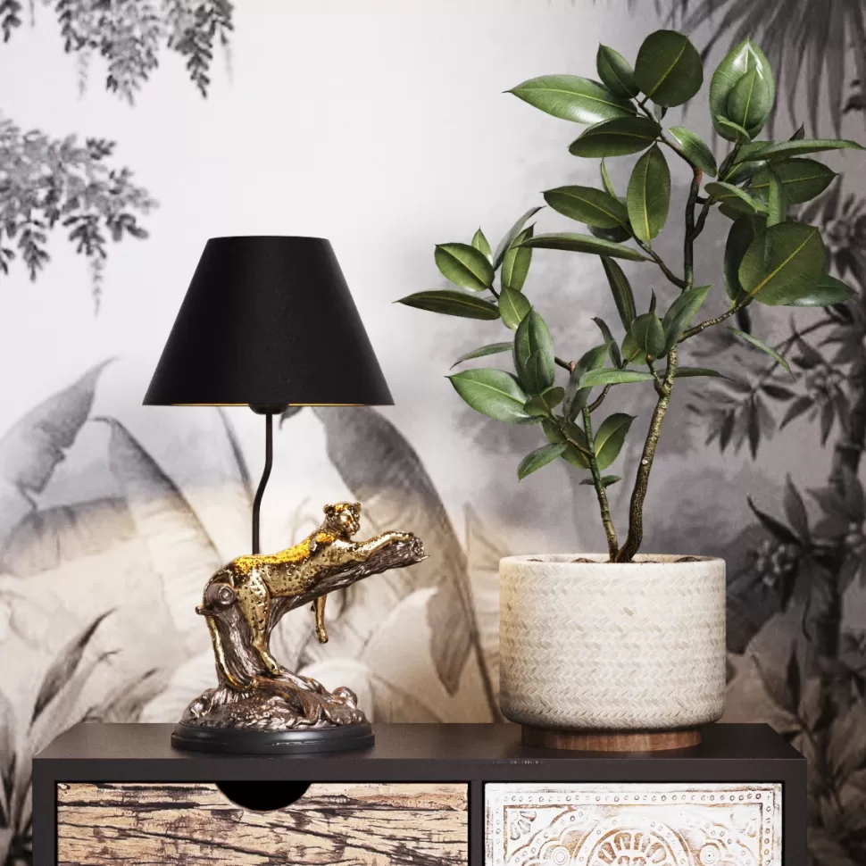 Lampy Stołowe-KARE Design Lampa Stołowa Motyw Zwierzęcy Lampart Klosz Czarny 28x50 Cm