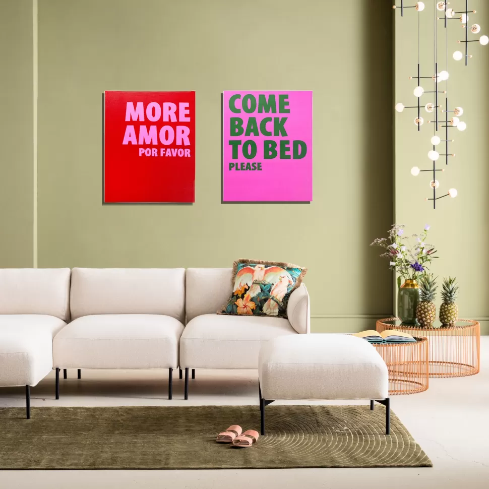 Obrazy-KARE Design Obraz Różowy Z Zielonym Napisem Come Back To Bed Please 40x50 Cm
