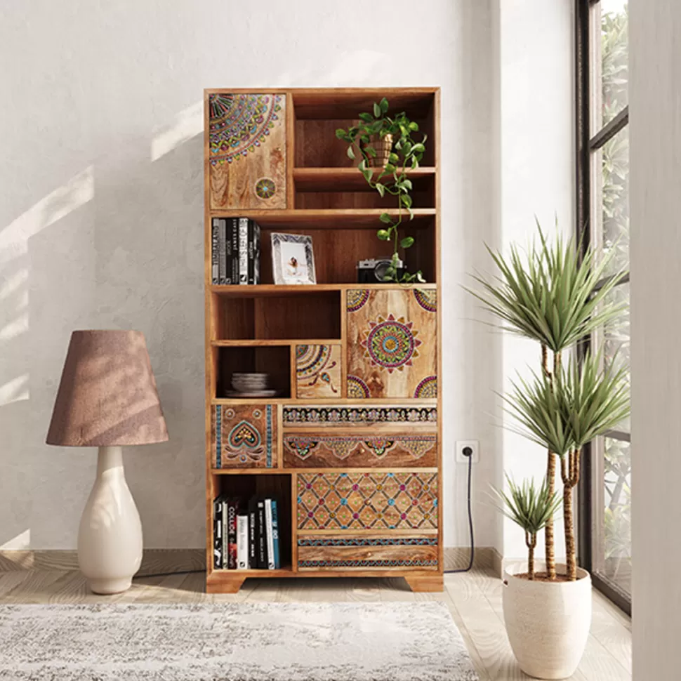 Regały-KARE Design Regał Z Półkami I Schowkami Drewno Mango Kolorowe Ornamenty 90x193 Cm
