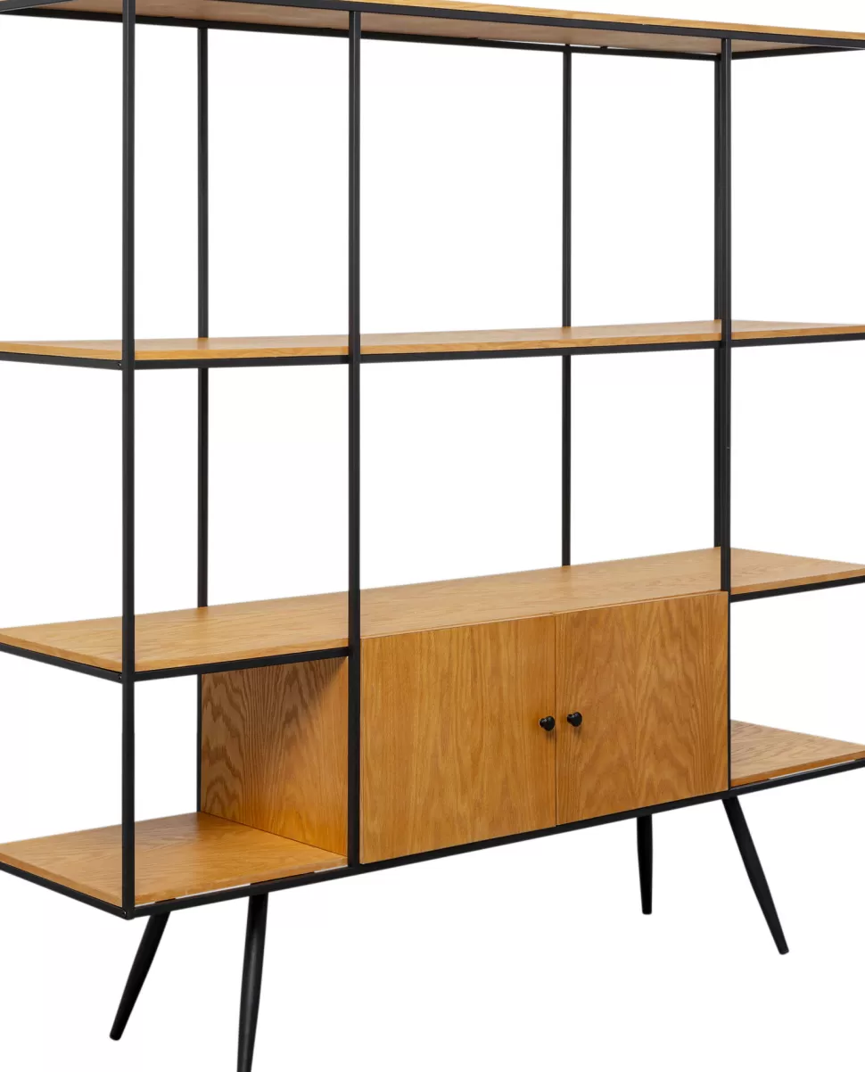 Regały-KARE Design Regał Ze Schowkiem Półki Naturalne Fornir Dębowy Rama Czarna Stalowa 180x183 Cm