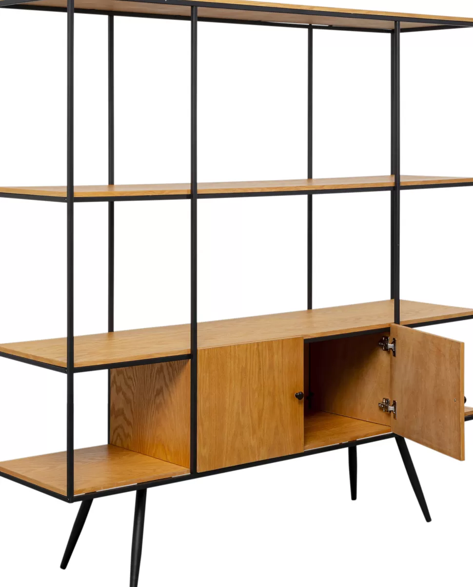 Regały-KARE Design Regał Ze Schowkiem Półki Naturalne Fornir Dębowy Rama Czarna Stalowa 180x183 Cm