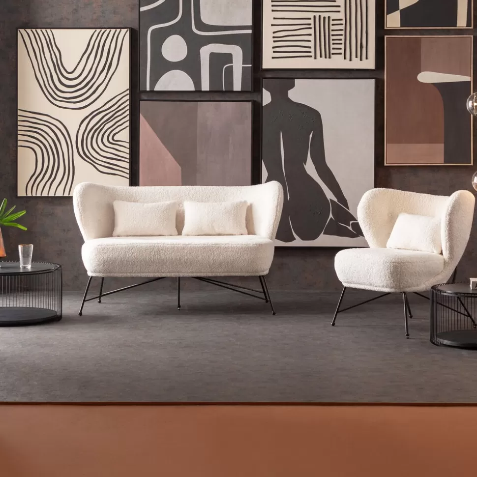 Sofy-KARE Design Sofa 2-osobowa Biała Boucle Nogi Czarne Stalowe 139 Cm