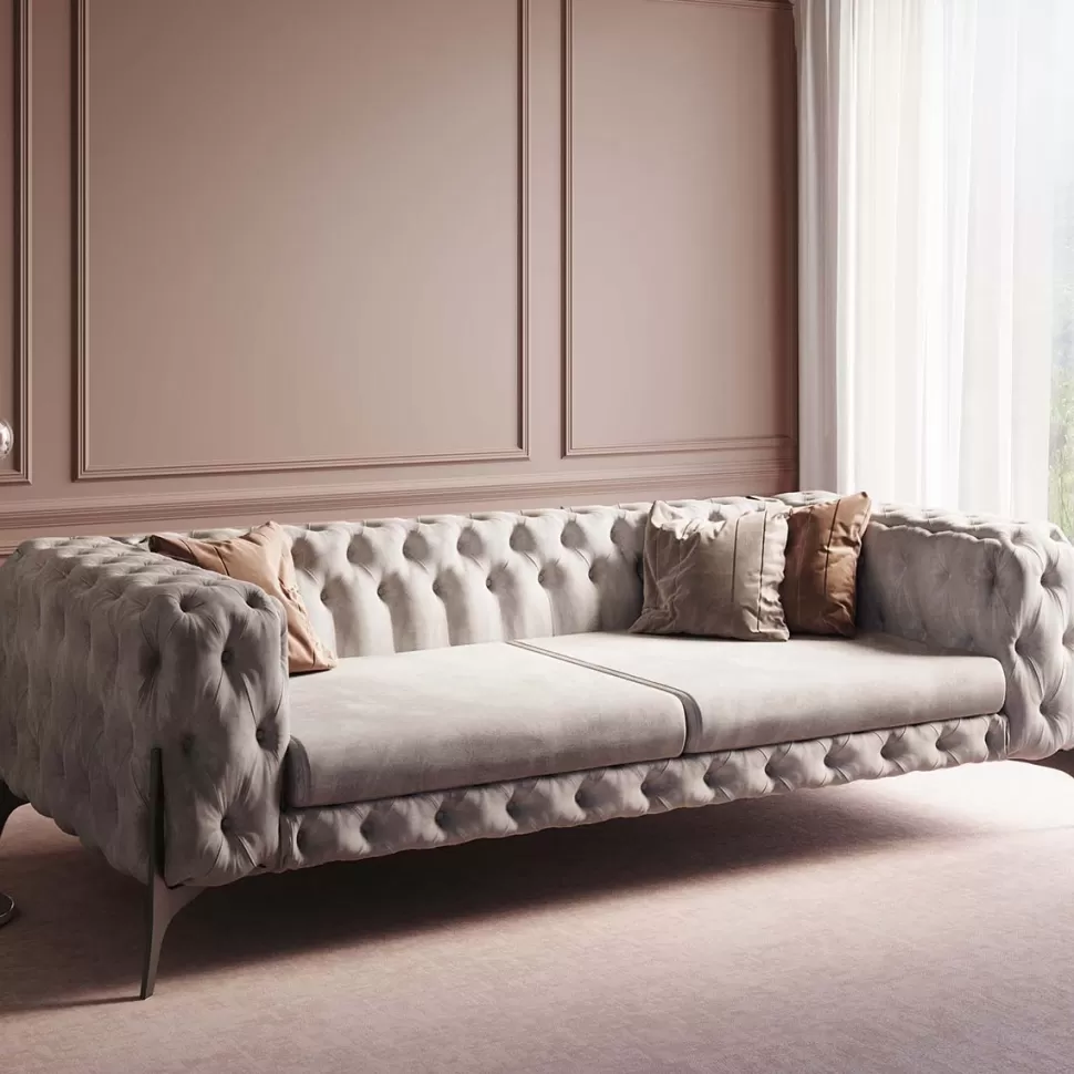 Sofy-KARE Design Sofa 3-osobowa Welurowa Pikowana Beżowa Glamour 240 Cm Nogi Czarne
