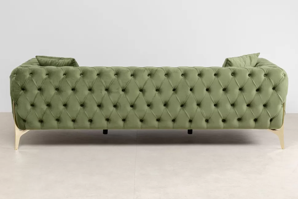 Sofy-KARE Design Sofa 3-osobowa Welurowa Pikowana Zielona Glamour 240 Cm Nogi Złote