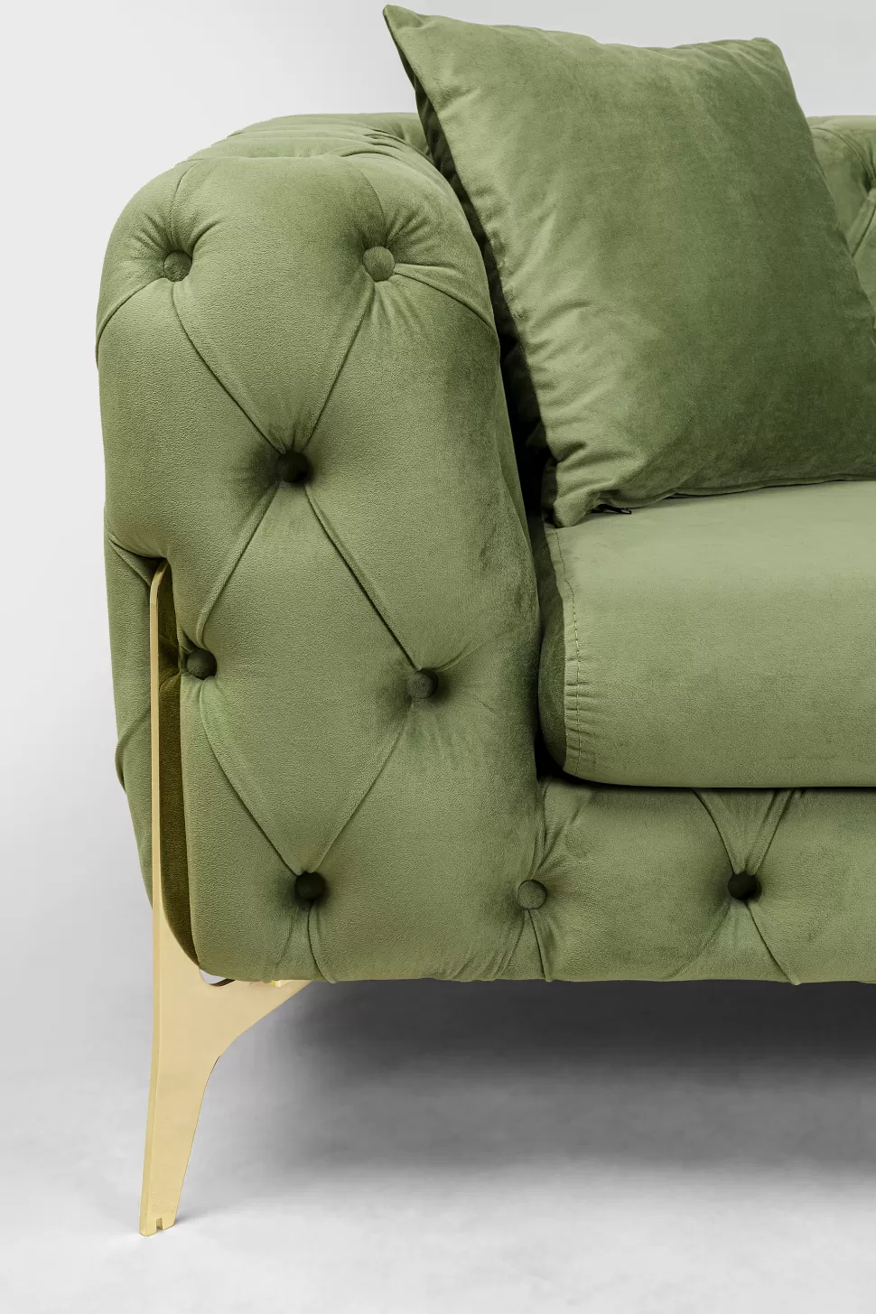 Sofy-KARE Design Sofa 3-osobowa Welurowa Pikowana Zielona Glamour 240 Cm Nogi Złote