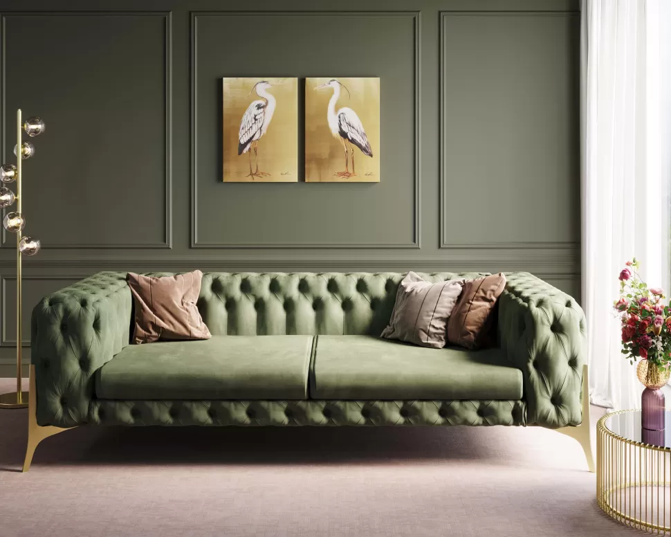 Sofy-KARE Design Sofa 3-osobowa Welurowa Pikowana Zielona Glamour 240 Cm Nogi Złote