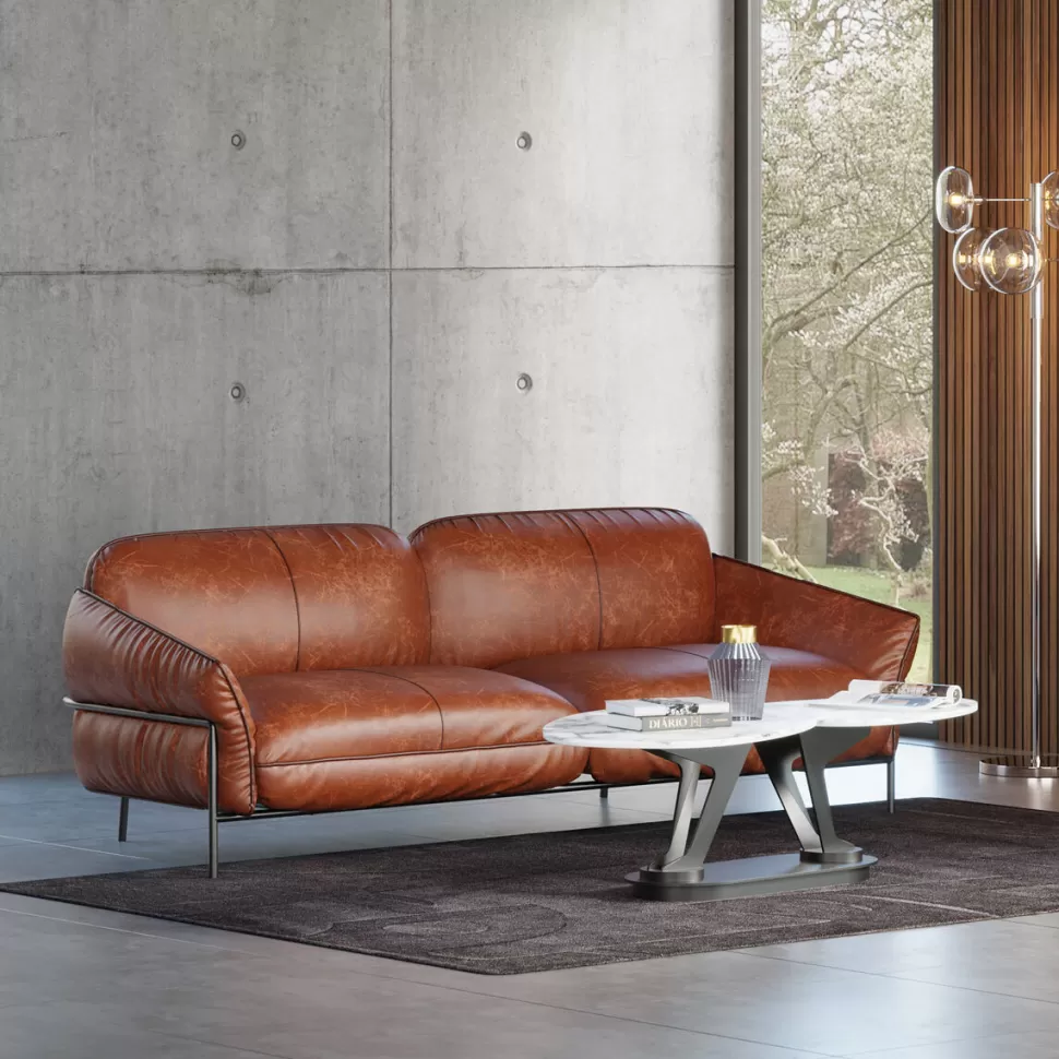 Sofy-KARE Design Sofa Ekskluzywna 3-osobowa Brązowa Skóra Semianilinowa Nogi Czarne 226 Cm