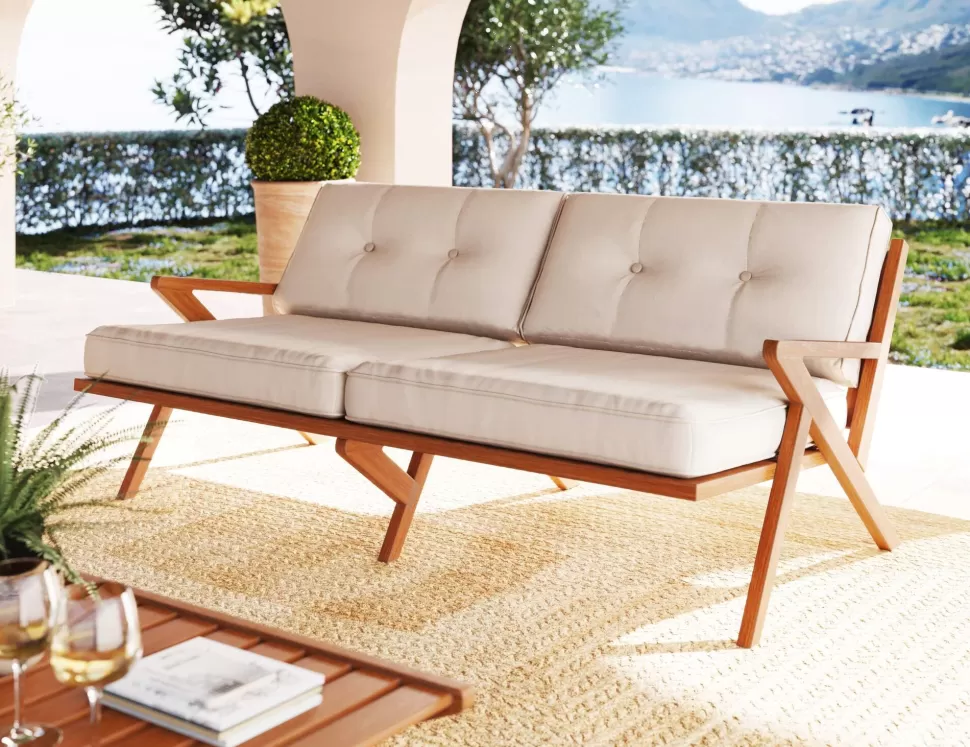 Sofy-KARE Design Sofa Ogrodowa 3-osobowa Siedzisko Kremowe 180 Cm Nogi Drewno Akacjowe