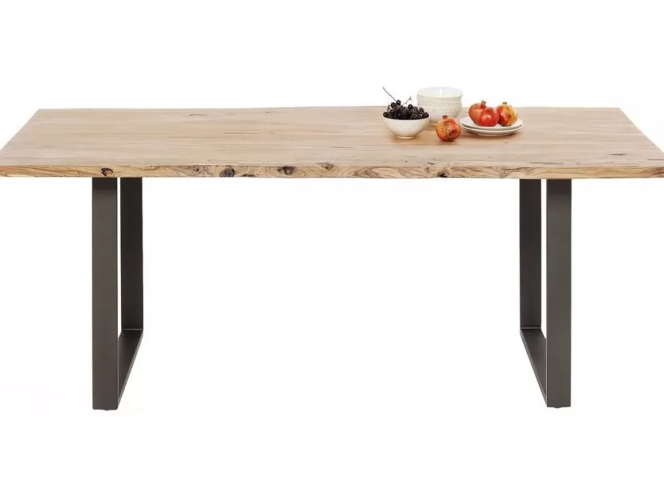 Stoły-KARE Design Stół 6-8 Osobowy Do Loftu Naturalny Drewniany Blat Akacja Czarne Metalowe Nogi 160x80 Cm