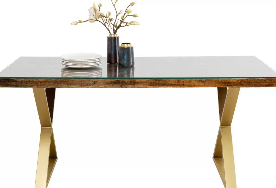 Stoły-KARE Design Stół Blat Drewno Z Recyklingu I Szkło Hartowane Nogi Złote 180x90 Cm