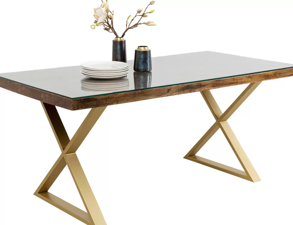 Stoły-KARE Design Stół Blat Drewno Z Recyklingu I Szkło Hartowane Nogi Złote 180x90 Cm