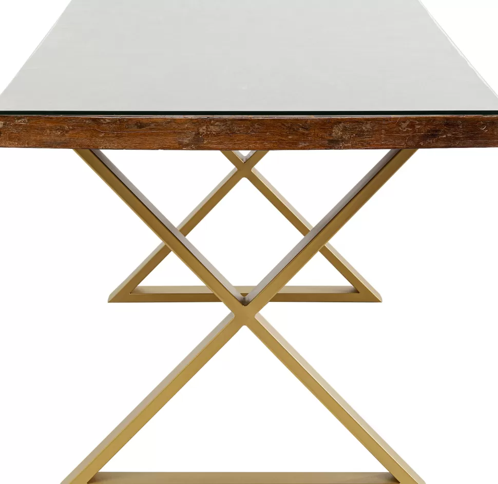 Stoły-KARE Design Stół Blat Drewno Z Recyklingu I Szkło Hartowane Nogi Złote 180x90 Cm
