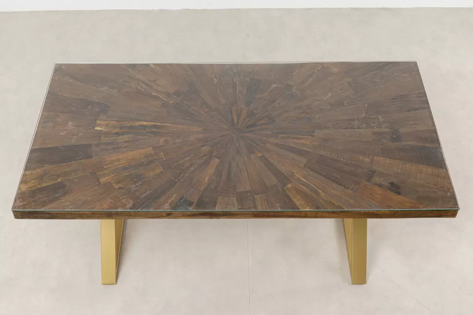 Stoły-KARE Design Stół Blat Drewno Z Recyklingu I Szkło Hartowane Nogi Złote 180x90 Cm