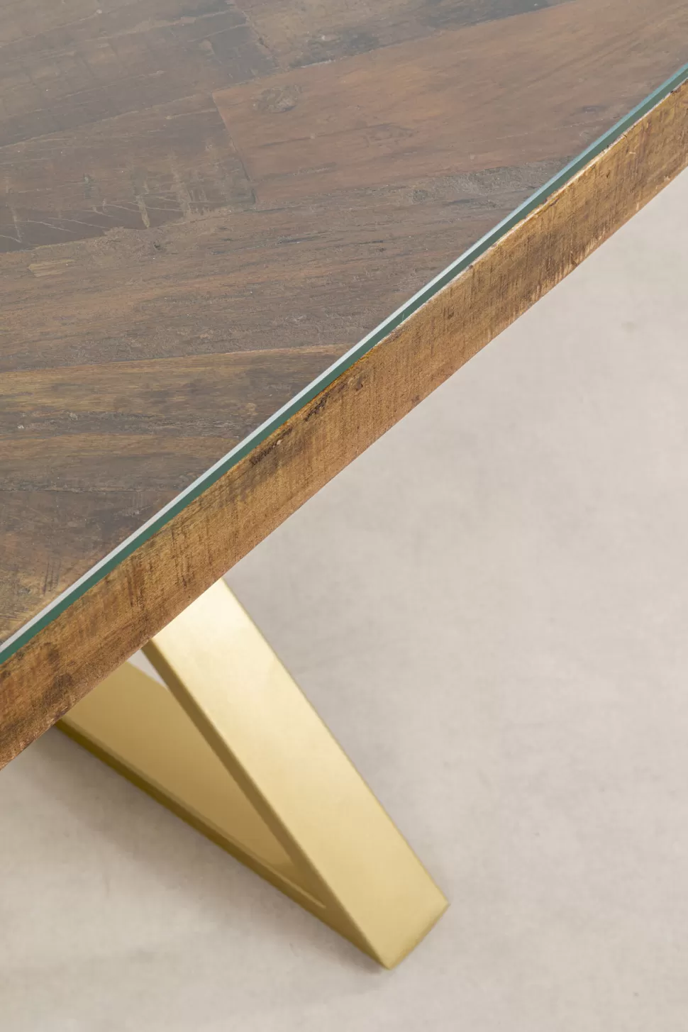 Stoły-KARE Design Stół Blat Drewno Z Recyklingu I Szkło Hartowane Nogi Złote 180x90 Cm