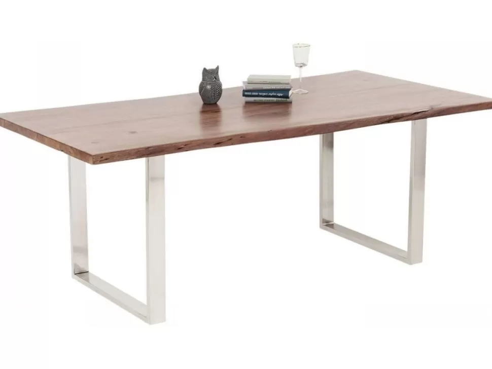 Stoły-KARE Design Stół Brązowy Drewniany Blat Akacja Srebrne Metalowe Nogi 180x90 Cm