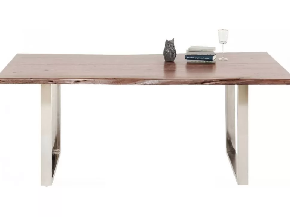 Stoły-KARE Design Stół Brązowy Drewniany Blat Akacja Srebrne Metalowe Nogi 180x90 Cm