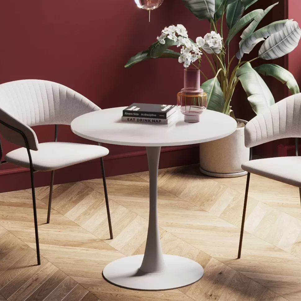 Stoły-KARE Design Stół Do Jadalni Biały Blat MDF Noga Stalowa Ø80 Cm