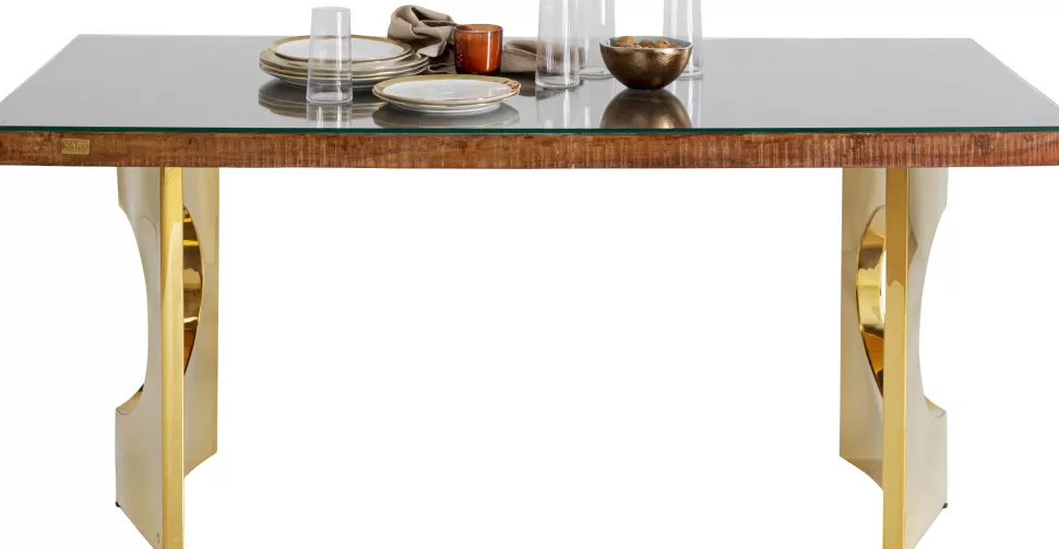 Stoły-KARE Design Stół Do Jadalni Blat Drewno I Szkło Nogi Złote 180x90 Cm