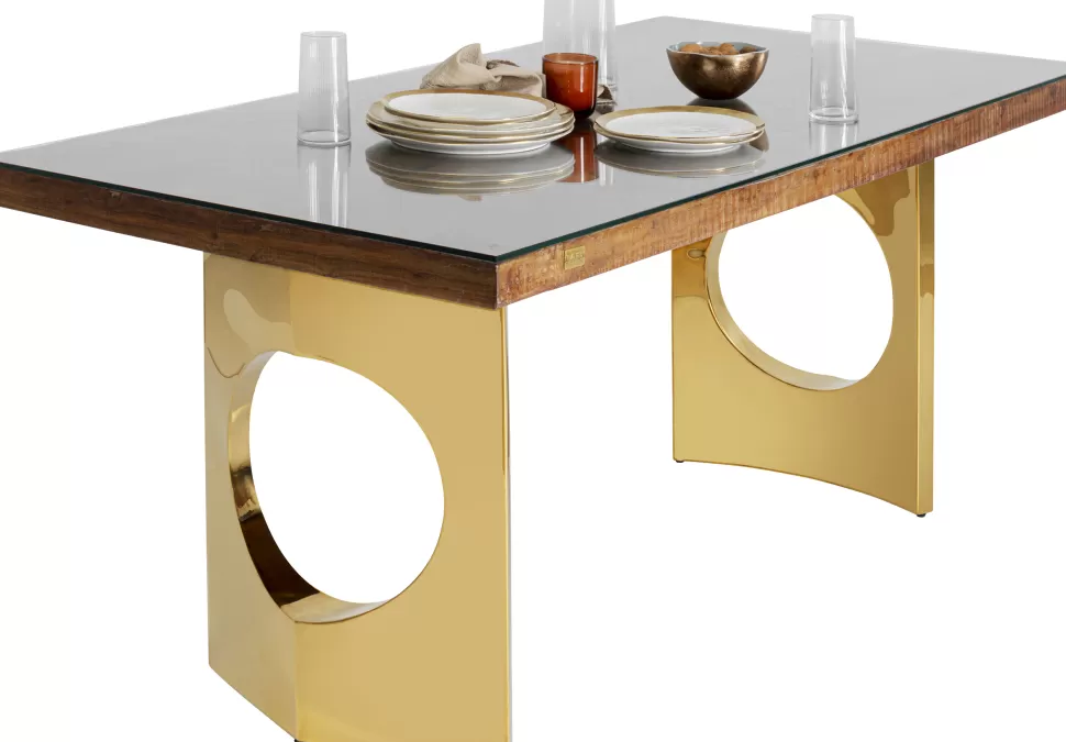 Stoły-KARE Design Stół Do Jadalni Blat Drewno I Szkło Nogi Złote 180x90 Cm