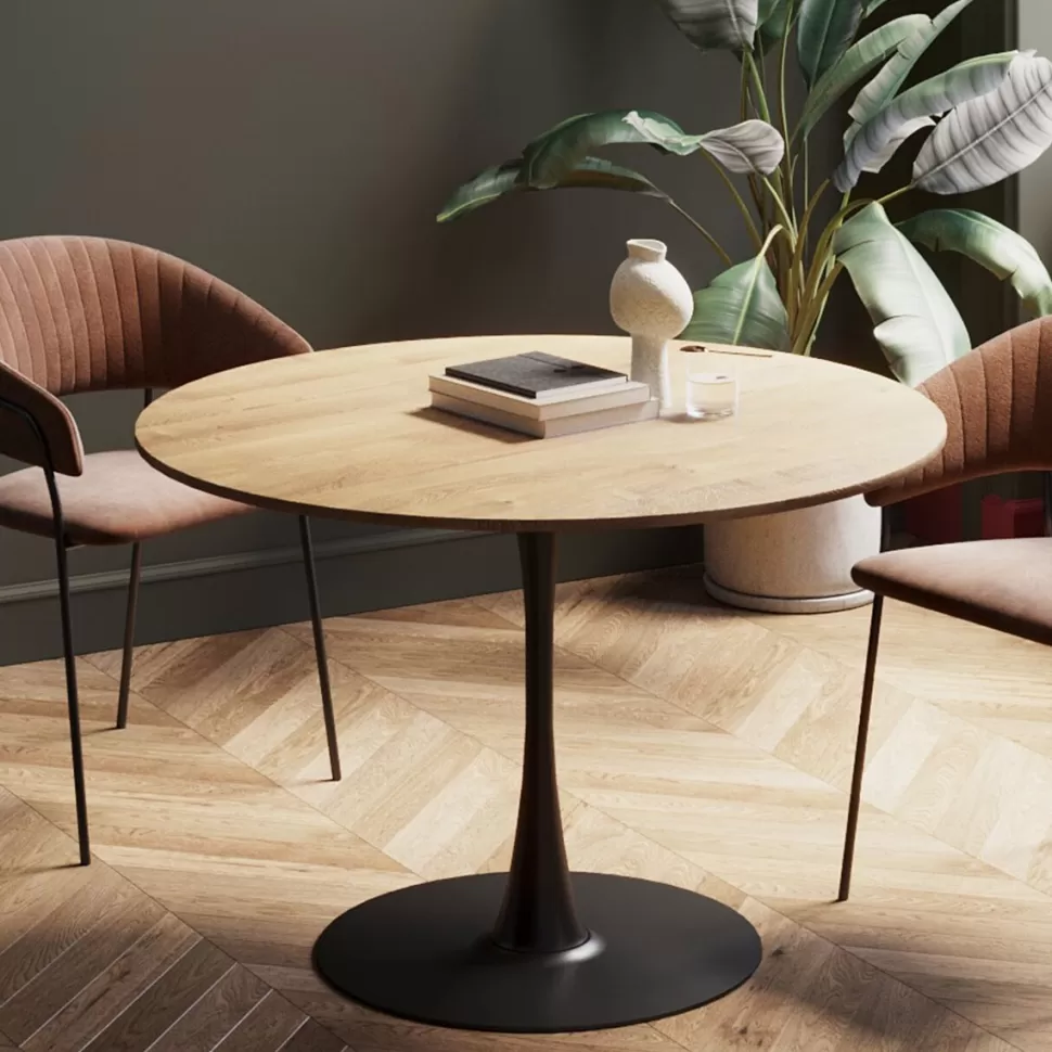 Stoły-KARE Design Stół Do Jadalni Blat MDF Kolor Dębowy Noga Stalowa Czarna Ø110 Cm