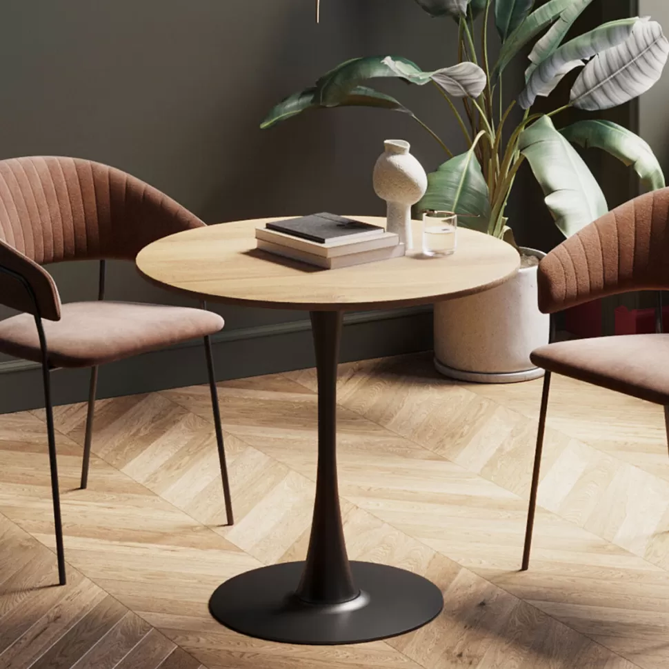 Stoły-KARE Design Stół Do Jadalni Blat MDF Kolor Dębowy Noga Stalowa Czarna Ø80 Cm