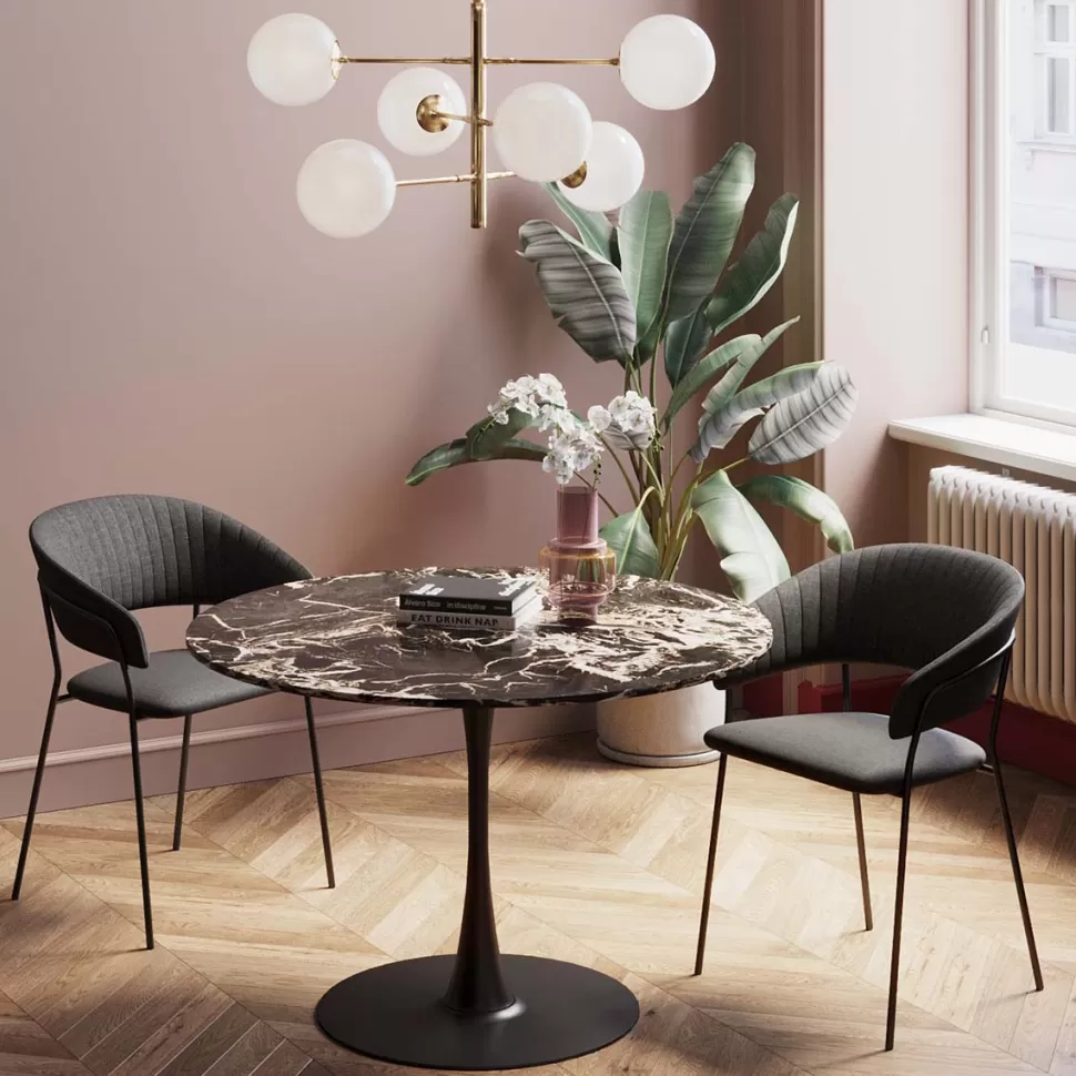 Stoły-KARE Design Stół Do Jadalni Czarny Blat MDF Imitacja Marmuru Ø110 Cm