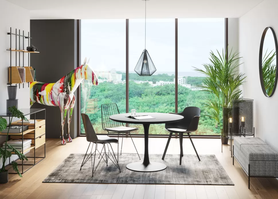 Stoły-KARE Design Stół Do Jadalni Czarny Blat MDF Noga Stalowa Ø110 Cm