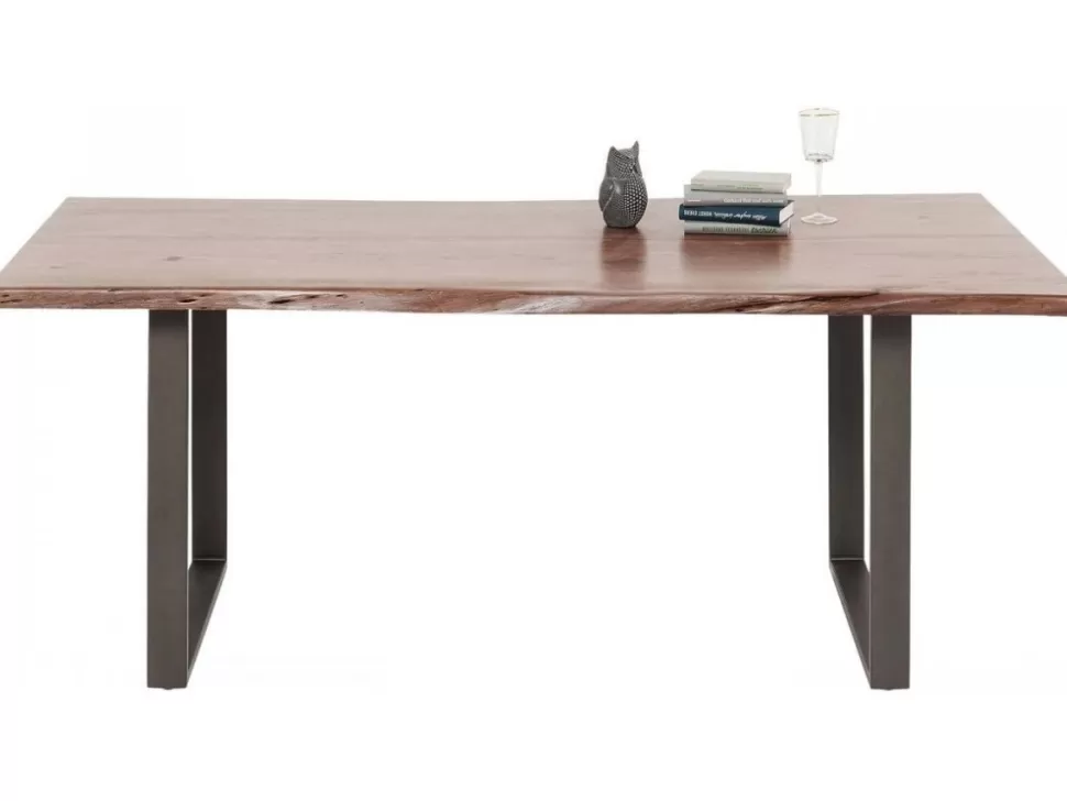 Stoły-KARE Design Stół Do Loftu 6-8 Osobowy Ciemnobrązowy Drewniany Blat Akacja Czarne Metalowe Nogi 200x100 Cm