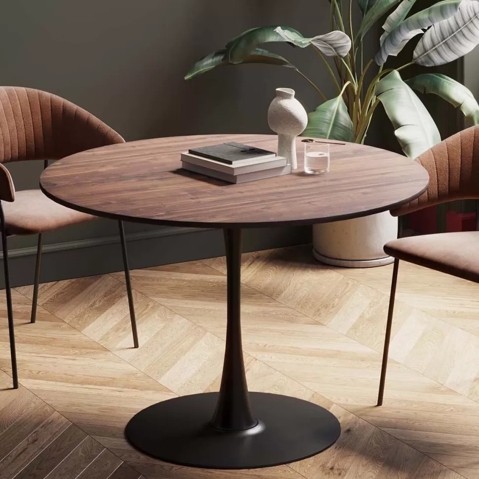 Stoły-KARE Design Stół Loft W Okleinie Orzech Włoski Noga Czarna Ø110 Cm