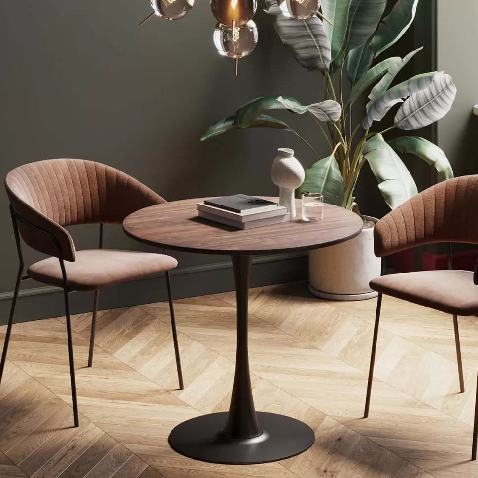 Stoły-KARE Design Stół Loft W Okleinie Orzech Włoski Noga Czarna Ø80 Cm