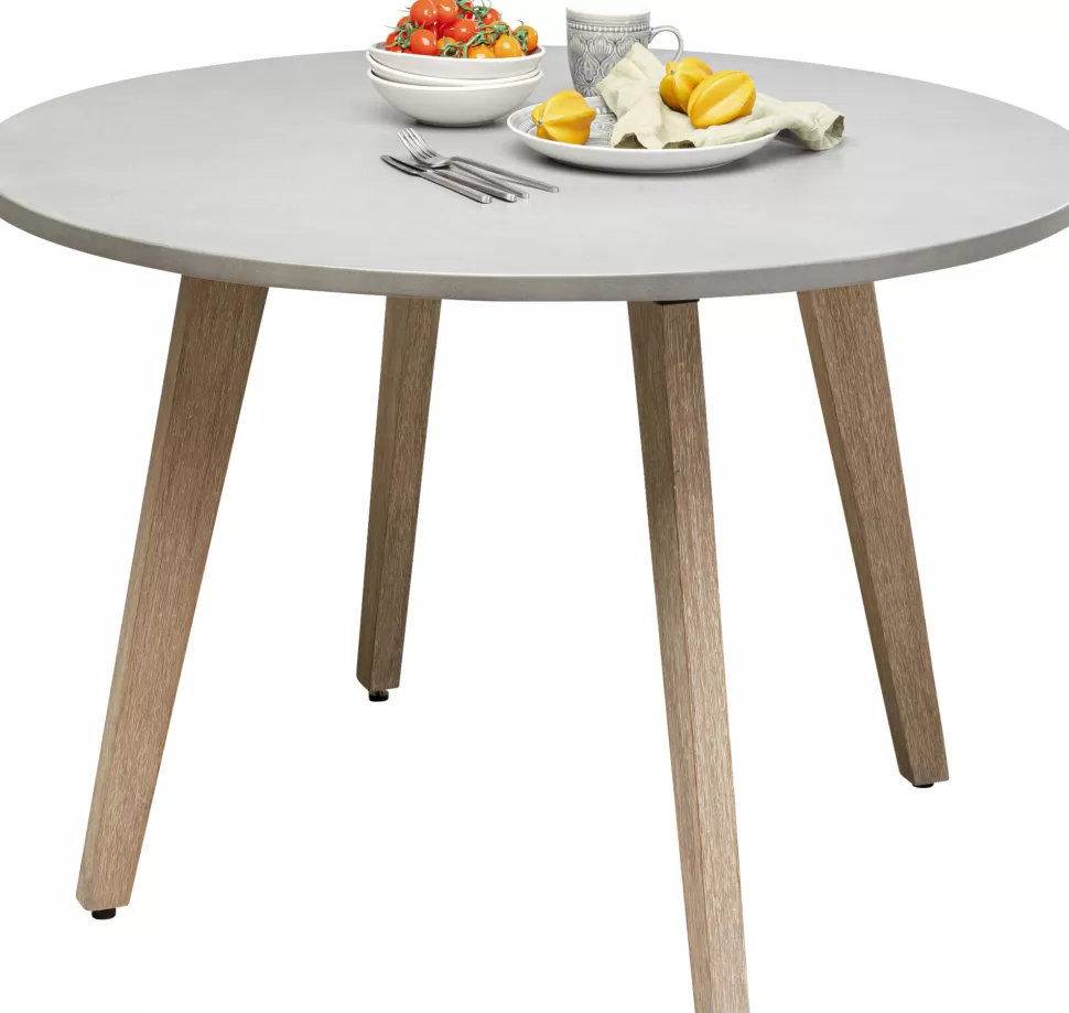 Stoły-KARE Design Stół Ogrodowy Okrągły Blat Cementowy Nogi Z Drewna Akacjowego Ø110 Cm