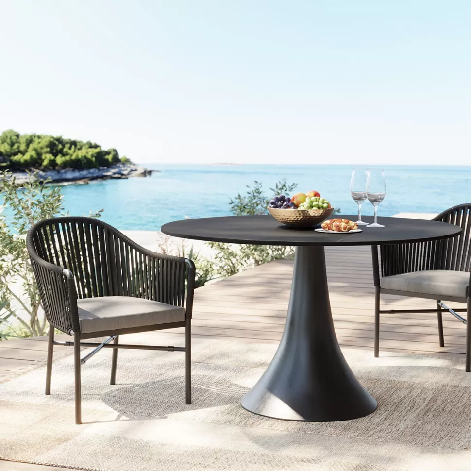 Stoły-KARE Design Stół Ogrodowy Okrągły Czarny Blat Ceramika Podstawa Aluminium Ø110 Cm