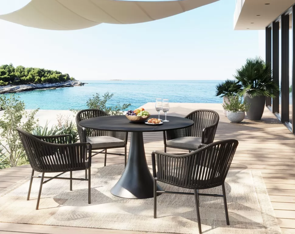 Stoły-KARE Design Stół Ogrodowy Okrągły Czarny Blat Ceramika Podstawa Aluminium Ø110 Cm