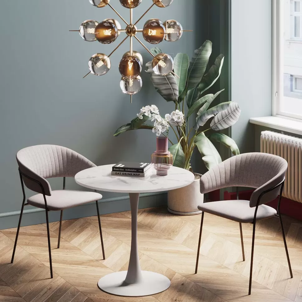 Stoły-KARE Design Stół Okrągły Blat MDF Imitacja Marmuru Biały Ø80 Cm