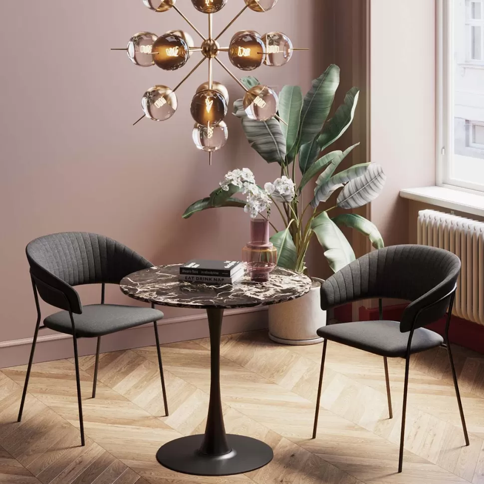 Stoły-KARE Design Stół Okrągły Blat MDF Imitacja Marmuru Czarny Ø80 Cm