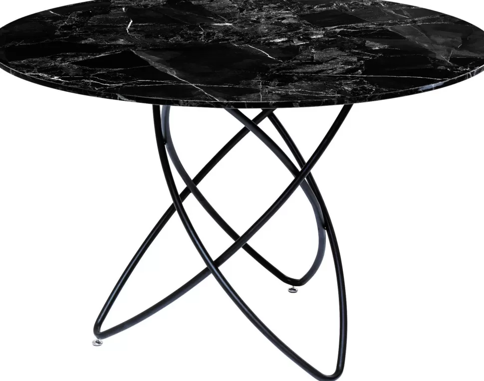 Stoły-KARE Design Stół Okrągły Czarny Blat Szklany Imitacja Marmuru Nogi Stalowe Ø120 Cm